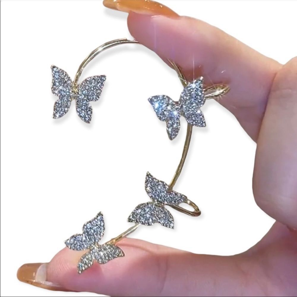 Gold Sparkle Crystal Butterfly Wings Ear Crawler Ear Cuff Set Earrings NEW
